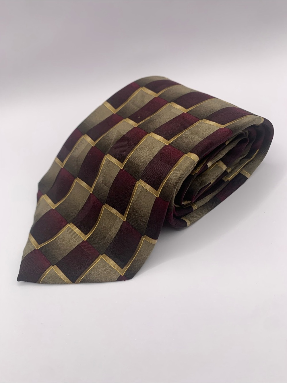 Men's Geometric Silk Tie in Burgundy and Olive with Gold Accents